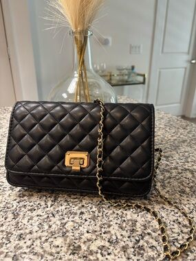 Quilted Black Chain Shoulder Bag with Gold Hardware